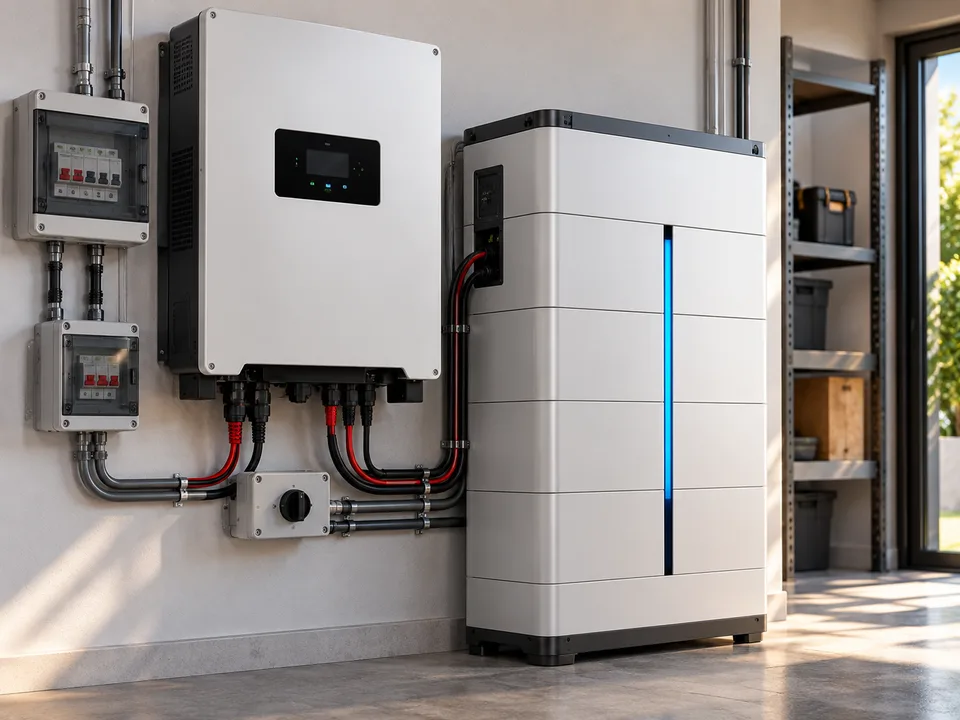 Inversor híbrido e bateria modular instalados para armazenamento de energia residencial