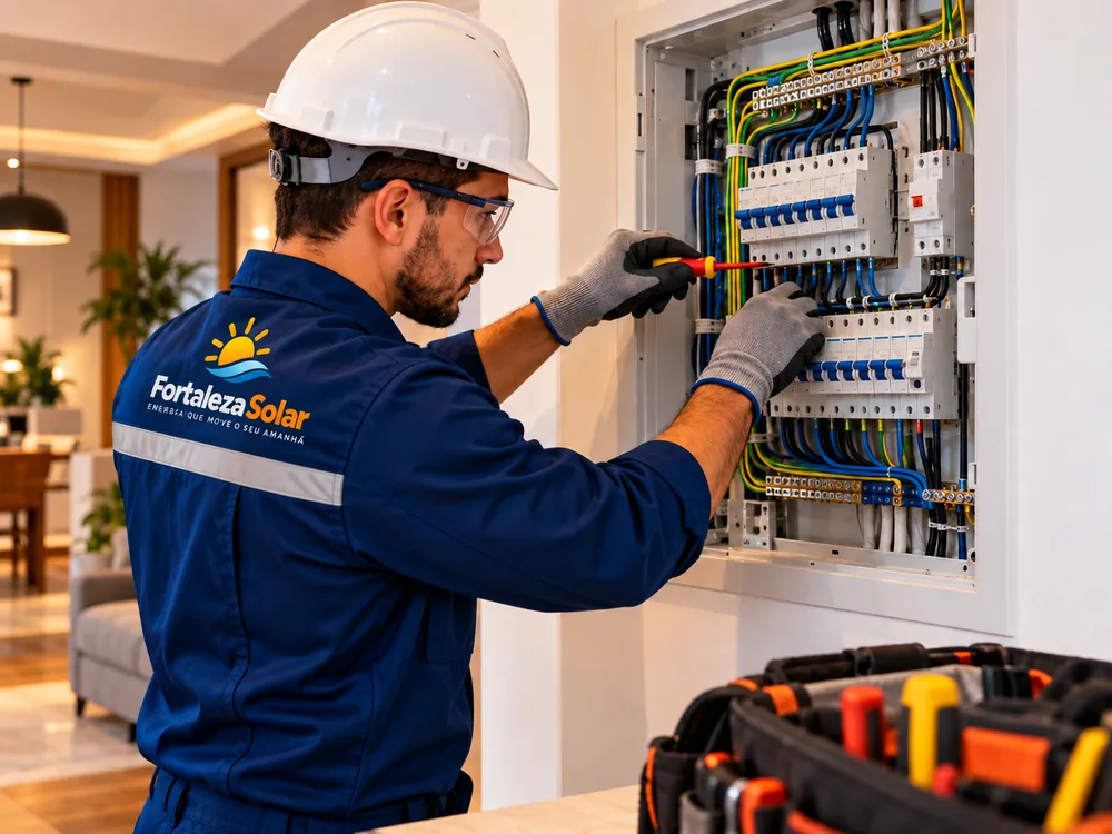 Técnico Fortaleza Solar executando instalação elétrica residencial
